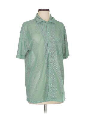 Negative Space Mesh Button Up Shirt Short Sleeve Perforated Sea Green Size Small